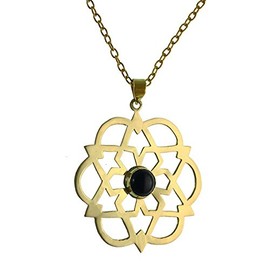 CHICNET Brass Pendant Golden Black Onyx Stone Inlay Round Star Flower Flower Pattern Antique, Brass