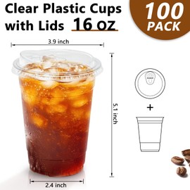 Clawsoff 16 oz 100 Pack Clear Plastic Cups with Lids, Sturdy Iced Coffee Cups with Sip Lids, Disposable Food Safe Smoothie Cup for Cold Drinks, Juice, Milkshake