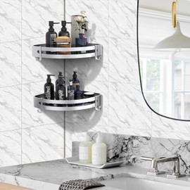 Shower Corner Shelf, Bathroom Shelves, Rustproof Thickened Aluminum , Wall Mounted No Drilling Triangle Shower Caddy Basket with Hook, Bathroom Shelf Organiser for Bathroom Kitchen (2 Packs, Silver)