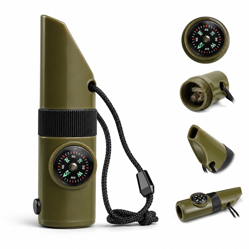7-in-1 Survival Whistle Tool for Camping – Compact Compass, LED
