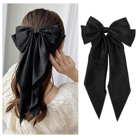 1PC Satin Hair Bows for Women Large Hair Barrettes Ribbon for Girls Giant Long Bow Hair Clips Ponytail Holder Silk Big Hair Clips Accessories for Women(Black)