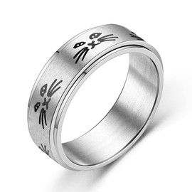 ANIEJUFI Stainless Steel Cute Cat Spinner Ring Animal Kitty Fidget Band Rings for Men Women Anxiety Stress Relief Silver Size 6