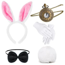 Kavoc 5 Pcs White Rabbit Costume Fancy Dress Accessories Set Including Bunny Ears Headband Bow Tie Gloves Tail for World Book Day Party Supplies