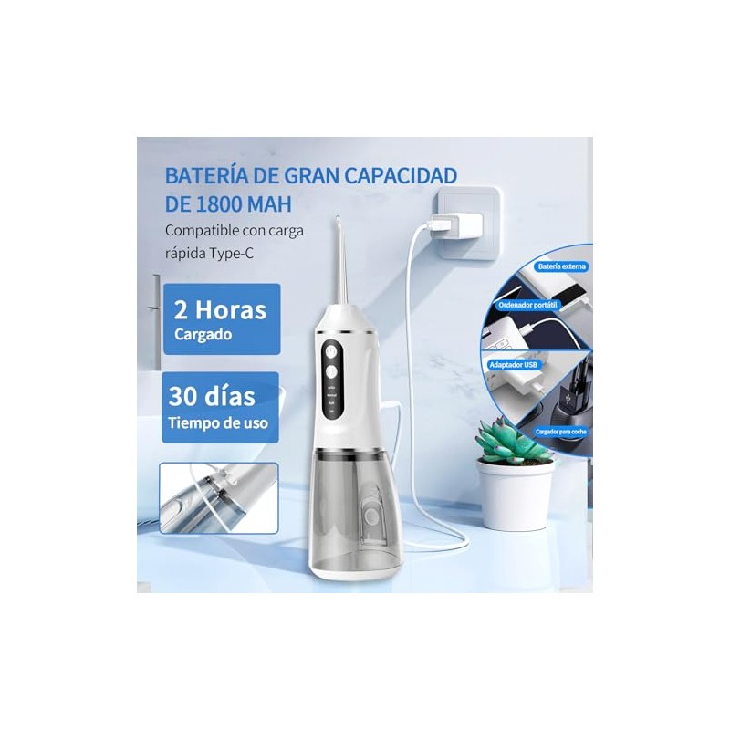 Irrigador Bucal, Irrigador Dental Portátil con 8 Boquillas y 380ML