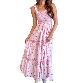 Women Flroal Maxi Dress,y2k Sleeveless Tie Shoulder Floral Tiered Flowy Long Swing Dress Beach Boho Sundress (Pink, S)