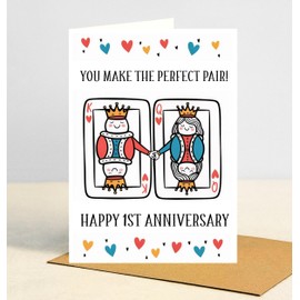 CooMood88 Happy 1St Anniversary Card, You Make The Perfect Pair! Cute King And Queen Of Hearts Couple Illustration, Funny Romantic Playing Card Theme For Husband, Wife, Boyfriend, Girlfriend