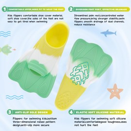 Kids Swim Training Fins, Comfortable Silicone Short Fins for Lap Swimming Flippers, Travel Size Flipper for Kids with Mesh Bag