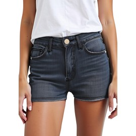 HOCAIES Women's Mid-Waist Stretch Denim Shorts Straight Leg Hemming Casual Summer Mom Shorts (12, 15 Retro Dark)