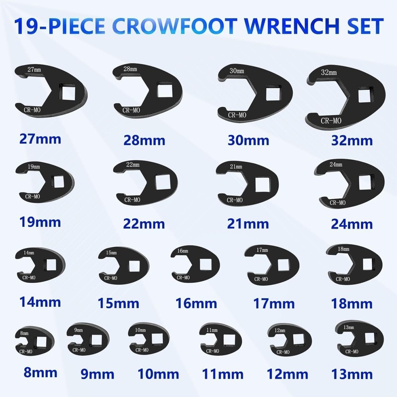 19PC Crow foot Flare Nut Wrench Set 3/8 1/2in Drive
