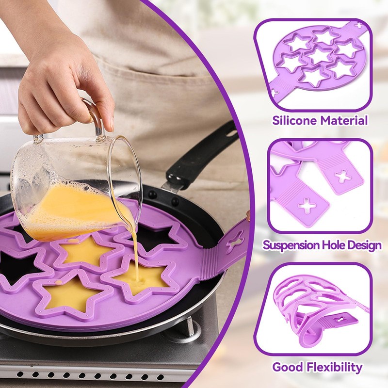2PCS Pancake Maker Mold, 7 Cavity Star/Heart Shape Nonstick Reusable
