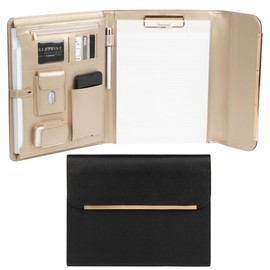 BLU MONACO Black Vegan Leather Portfolio Binder for Women - Professional Padfolio with Magnetic Closure & Gold Trim, Business Organizer Case