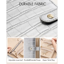 Vlando Travel Jewelry Organizer Case,Travel Gifts for Women,Portable Jewelry Storage Book Ring Binder with Clear Zipper Velvet Jewelry Pouch Bag-Silver