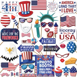 4th of July Photo Booth Props - 41-pc Photobooth Kit with 8 x 10-Inch Sign, 60 Adhesive Pads, 45 Sticks - 4th of July Party Decorations - Patriotic Party Supplies - American Party Decorations