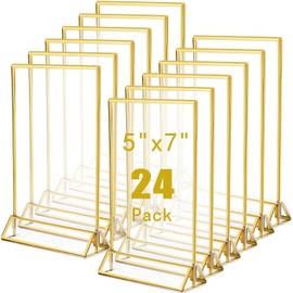 Jeffbaubl 24 Pack Acrylic Sign Holders,5x7in Double Sided Table Menu Display Stand,Clear Acrylic Sign Holder with Gold Borders and Vertical Stand,Gold Sign Holders for Wedding Table Number,Photo