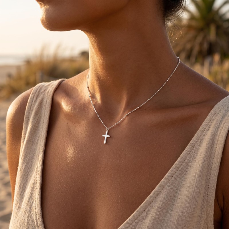 Cross Necklace for Women,925 Sterling Silver 1.5MM Bead Chain Cross