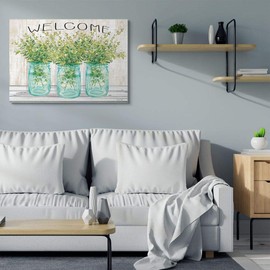 Stupell Industries Country Welcome Sign Greenery Bouquets Blue Jars, Designed by Cindy Jacobs Wall Art, 36 x 48, Canvas