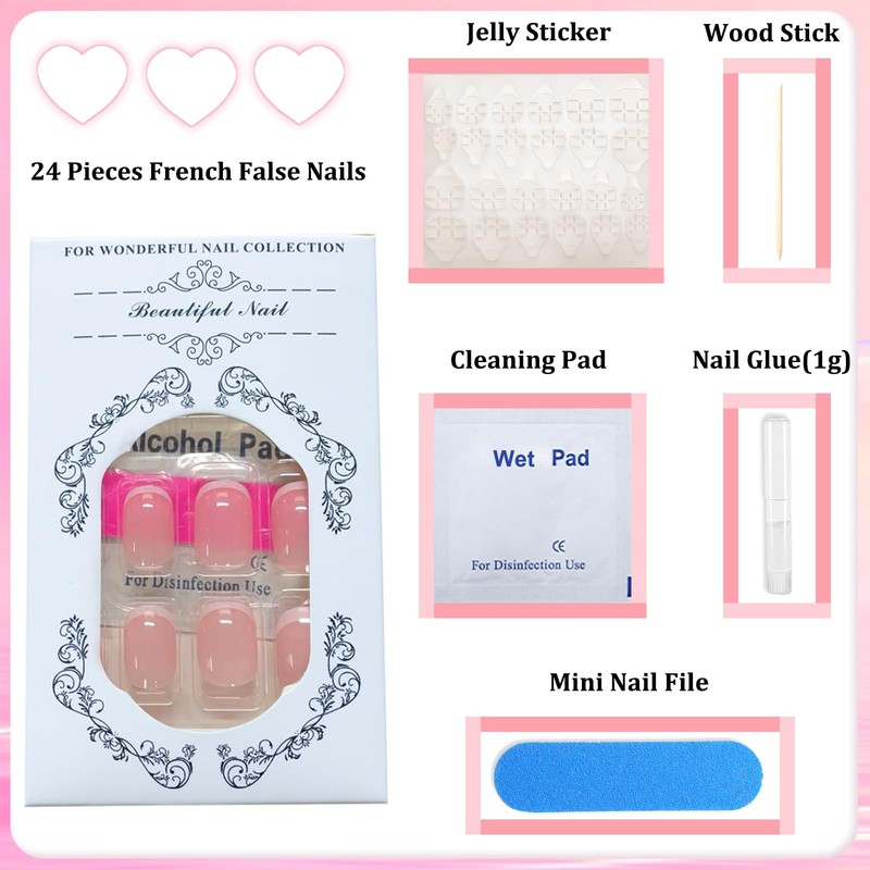 Short False Nails French Tip - 24pcs Round Square Fake