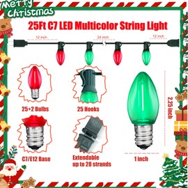 C7 LED Christmas Lights Outdoor, 25FT Clear Red and Green Christmas String Lights with 27 LED Energy-Efficient Bulbs, Hanging Vintage Christmas Decorations Lights for Holiday Party Patio Garden Yard