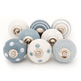 ETHNICITI 8 x Round Grey & White Handmade Ceramic Door Knobs Cupboards Drawers Cabinets Wardrobe Assorted Vintage Shabby Chic Kitchen Bedroom Living Room Furniture Dressers Pulls Handles Home Decor