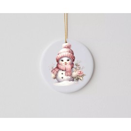 Twisted R Design Cute Pink Snowman Hat Ceramic Christmas Ornament, Christmas Tree Decoration