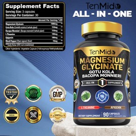 Tenmido Pure Magnesium Glycinate Supplements - 6in1 with Gotu Kola, Bacopa Monnieri, L-Theanine, Apigenin, and Black Pepper - 90 Vegan & Non-GMO Capsules