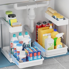 Oueah Under Sink Organizer and Storage, 2 Pack Bathroom Storage Cabinet L-Shaped with Basket, Multi-Purpose Sliding Cabinet Organizer for Kitchen Pantry Organization and Storage, White, 2 Pack