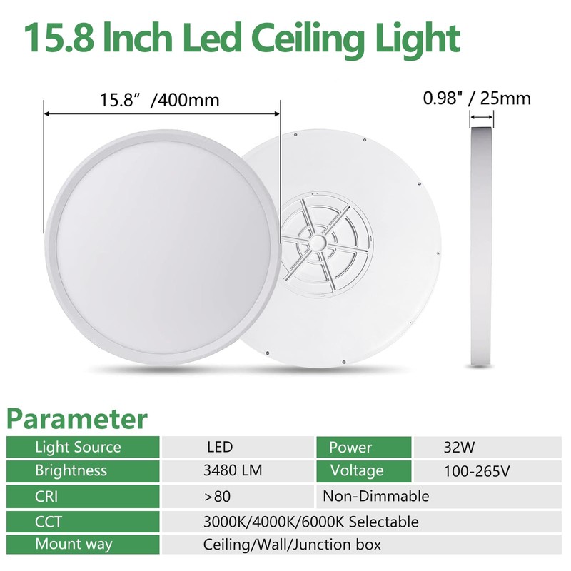 2PK 15.8 Inch LED Flush Mount Ceiling Light, 32W, 3480LM,