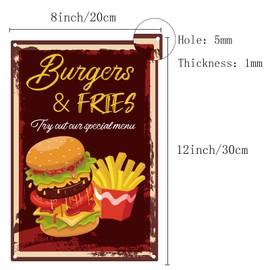 CREATCABIN Burgers & Fries Sign Metal Tin Signs Vintage Retro for Plaque Poster Bar Pub Garage Fast Food Cafe Home Wall Decor 8 x 12 Inch