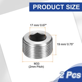 PATIKIL 2 Pcs 304 Stainless Steel Pipe Plug M33 x 2 Male Internal Hex Thread Socket Pipe Plug Hex Countersunk Pipe Fitting for Sealing Water Oil Gas Pipeline, Silver
