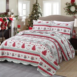 MarCielo 3 Piece Christmas Quilt Set, Rustic Lodge Deer Quilt Bedspread Throw Blanket Lightweight Bedspread Coverlet Comforter Set (Snowman, Queen)