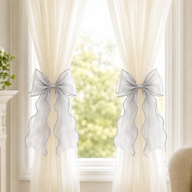 2 Pack Bow Curtain Tiebacks, French Style Silky Ribbon Curtain Holdbacks with Decorative Rope, Elegant Tie Backs for Curtains, Window Drapes, Bedroom Living Room Home Decor (Gray)
