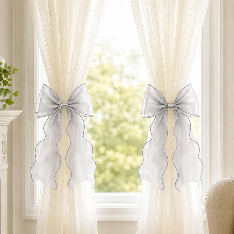 2 Pack Bow Curtain Tiebacks, French Style Silky Ribbon Curtain