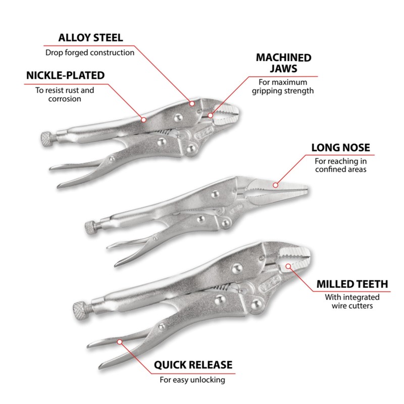 Performance Tool W1782 3-Piece Locking Pliers Set, Wire Cutters, Heat-Treated