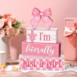 Yousoontic 4 Pcs Pink Bow Wooden Table Decorations Coquette Bow Signs Tiered Tray Decor Wood Cute Girly Preppy Ornaments Gift Rustic Farmhouse Centerpiece Tabletop Decor for Entryway Home Desk Room