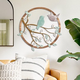 KOYILTD Bird Wall Decor Metal Birds on Tree Branch Wall Art Birds with Leaves Ornament Metal Bird Home Wall Sculpture Clolorful Wall Decor for Living Room Bedroom Garden (Farmhouse)