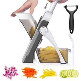 OYKEFAW Safe Mandoline Slicer for Kitchen, 5 in 1 Vegetable Chopper, French Fry Cutter For Potatoes, Potato Slicer,Food Chopper,Adjustable Thickness 0.1-8 mm, With Peeler/Cleaning Brush, Mandolin