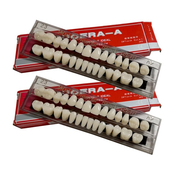 56 Pcs Acrylic Resin Full Dental False Tooth Set of 2 Synthetic Polymer Teeth, 23 Shade A2 Upper + Lower Dental Materials for Teeth, 2 Sets