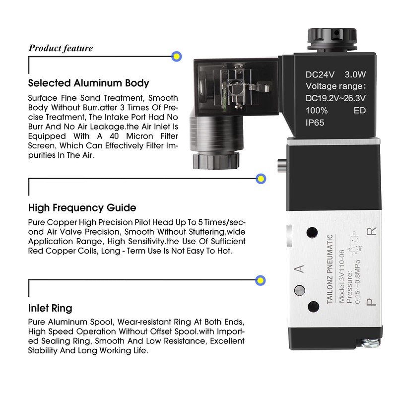 TAILONZ PNEUMATIC 1/8"NPT Solenoid Valve 3V110-06 DC24V Single Coil Pilot-Operated