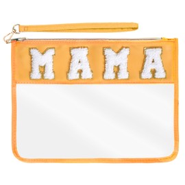 Hmxpls Chenille Letter Bag, Nylon Clear Cosmetic Bag with Zipper, Makeup Travel Pouch for Women Girls Gift (Yellow-MAMA)