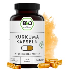 bioKontor Organic Turmeric Capsules Vegan 180 Pieces - 600 mg Daily Dose - 6 Month Supply - Organic Turmeric Powder Capsules with Organic Pepper - Curcumin & Piperine - Turmeric Root Powder - Made in Germany