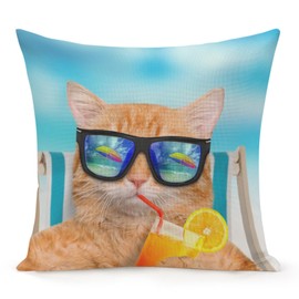 Jiaopenyou Throw Pillow Cover 16x16 Inch,Cat Wear Sunglasses Relax Sit On Deckchair in The Sea Throw Pillow Case,Home Decor Cushion Covers for Sofa Living Room Couch Bed