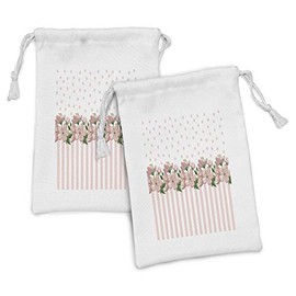 Lunarable Dusty Rose Fabric Pouch Set of 2, Vintage Retro Design with Polka Dots and Stripes Spring Flora Border, Small Drawstring Bag for Toiletries Masks and Favors, 9" x 6", Fern Green Pale Pink