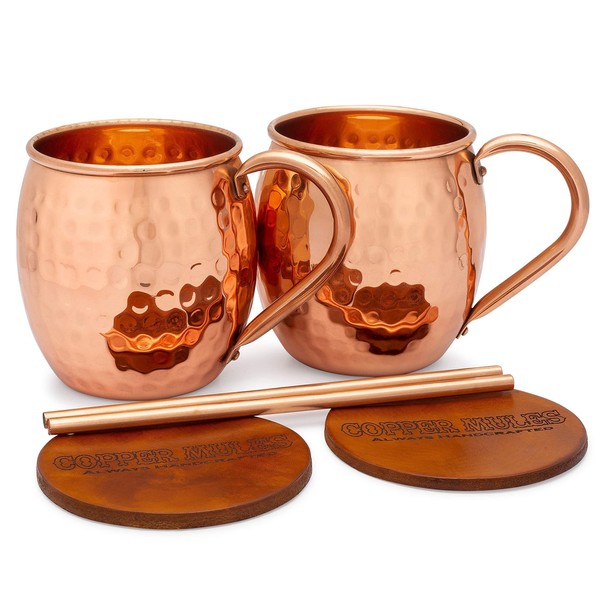 Copper Mules Moscow Mule Copper Mugs Set of 2 Hand Hammered - Classic Riveted Handles – The Finest Moscow Mule Mugs - Holds 16oz each