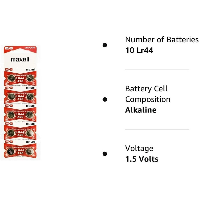 Maxell LR44 (A76) Batteries, 10 Count (775011)