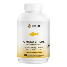 BIO B  Omega 3 Plus  Alta Concentración 1,440mg Total  873mg EPA y 567mg DHA  Sabor Hierbabuena (sin eructos a pescado)  120 cápsulas blandas