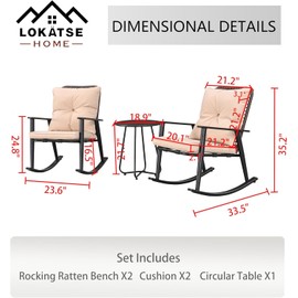 LOKATSE HOME 3 Pieces Outdoor Rocking Wicker Chair Set Armchairs with Cushion & Coffee Table, Khaki