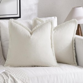 MIULEE Throw Pillow Covers 20x20 Set of 2 Cream Pillow Covers with Fringe Chic Cotton Decorative Pillows Square Cushion Covers Farmhouse Boho Decor for Sofa Couch Bed Living Room