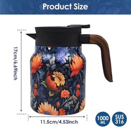 Vintage Floral Pattern Tea Thermos, 35 oz / 1 liter - Kettle for Both Hot and Cold Stainless Steel Thermos,Vintage Teapot with Infuser, Suitable for Party/Family Use (Blooming Flowers)
