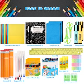 100 Pcs Back to School Supplies Kit for Kids K-12, School Essentials Supplies Set Bulk for Girls, Boys, Teachers. Includes Crayons, Pencils, Folders, Notebooks and Much More for Students All Ages