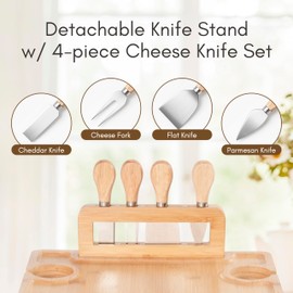 Bamboo Charcuterie Picnic Table, Portable Wooden Outdoor Picnic Wine Table with 4 Silver Cheese Knives & Detachable Knife Stand, Gift for Cheese & Wine Lovers